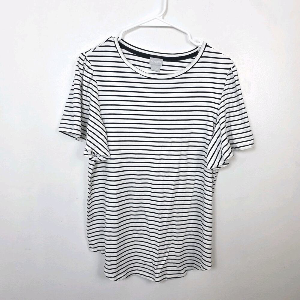 Chico's White Black Striped Classic Everyday‎ Lightweight Shirt Size Medium